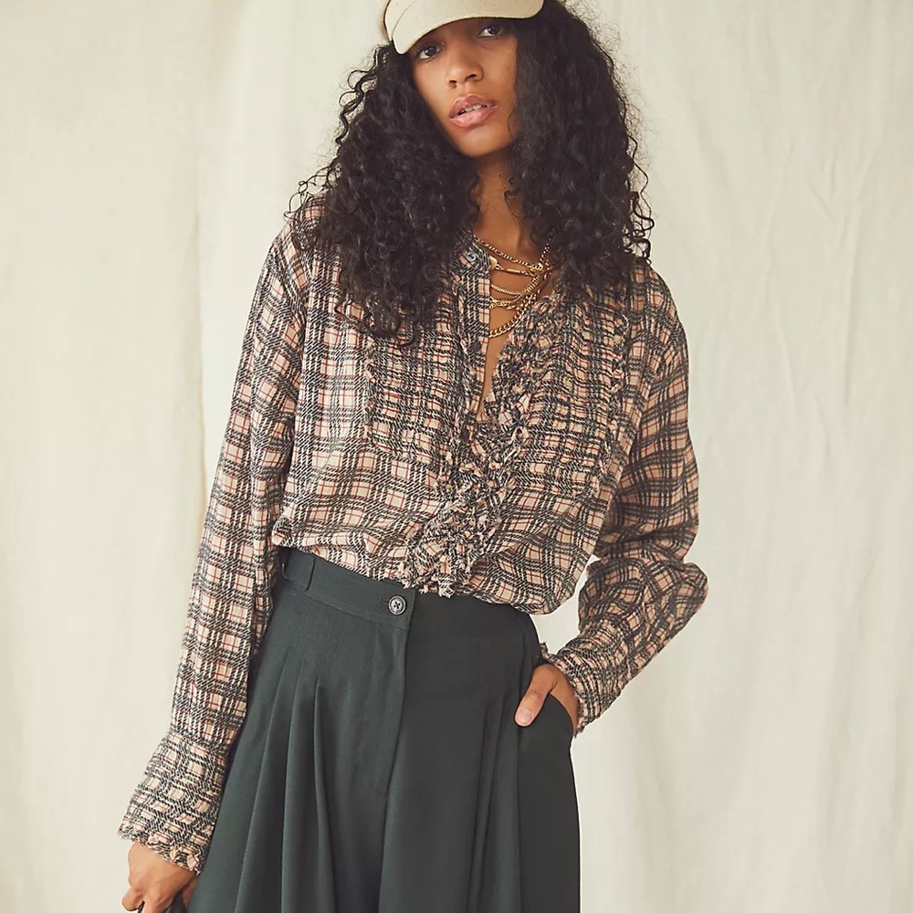 Free People FP One Plaid Miles Tuxedo Shirt Buttondown Long Sleeve Tunic Small